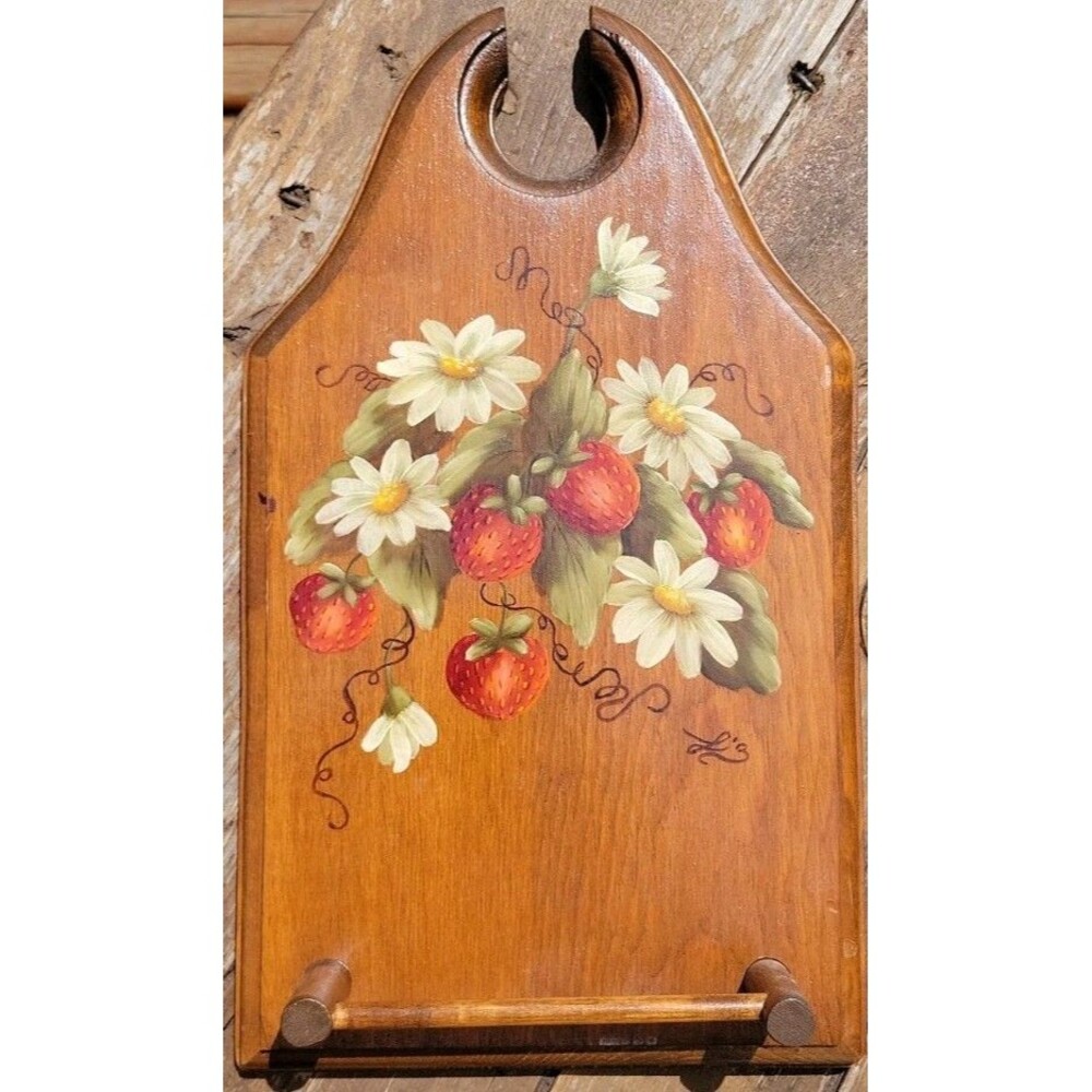 Strawberry Tea Towel Rack Key Holder Wooden Wall Hanging Cottage Decor